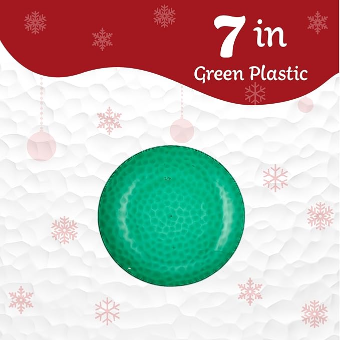 PLASTICPRO 30 Pack Hammered Plastic Plates Heavyweight Disposable Plastic Plates Elegant Green Platsic Party (Hammered green Christmass, 7'' INCH)