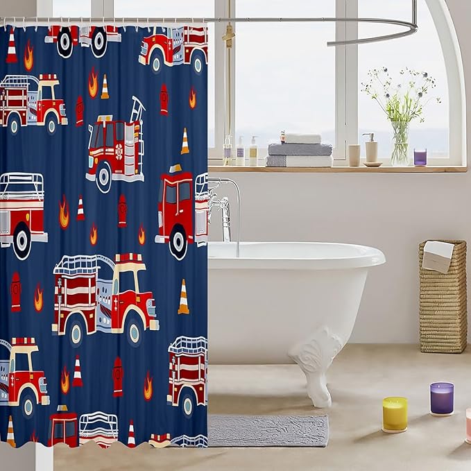 Feelyou Cartoon Car Shower Curtain for Girls Boys Kids Fire Truck Bathroom Shower Curtain Setative Firefighter Bath Curtain Firemen Car Vehicle Navy Blue Red Kids Bathroom Accessories 72"x72"