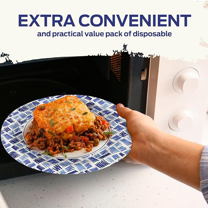 PAMI Heavy Duty Microwave Safe Disposable Paper Plates Large and Medium Sizes Oil Water & Cut Resistant Dinnerware for Hot Cold Food (10 Inch Plate 50 Blue)