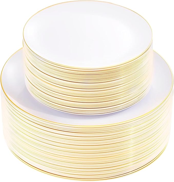 KIRE 100PCS Disposable Plates - White with Gold Rim Plastic Plates - Includes 50Pieces 10.25inch Dinner and 50Pieces 7.5inch Dessert/Salad Plate for Wedding/Spring Party/Graduation