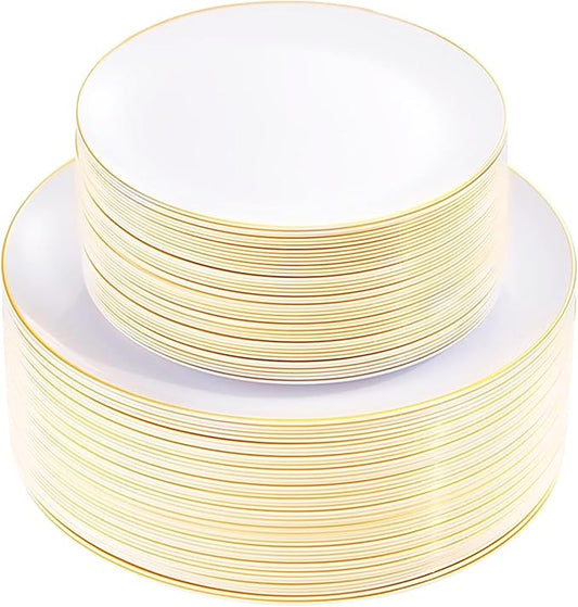 KIRE 100PCS Disposable Plates - White with Gold Rim Plastic Plates - Includes 50Pieces 10.25inch Dinner and 50Pieces 7.5inch Dessert/Salad Plate for Wedding/Spring Party/Graduation