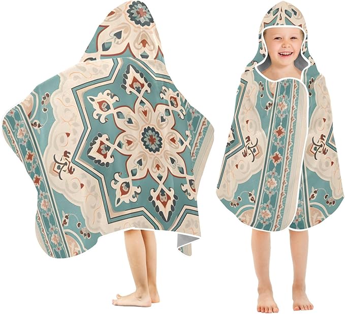 Hooded Towel for Kids Retro Blue Ethnic Floral Beach Wrap Bath Towels 50x23.5in