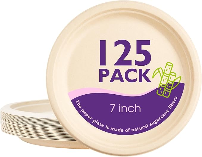 PACKINNO125 Pack 7 Inch Compostable Paper Plates Round Unbleached Brown Plates Made from Natural Sugarcane Fibers, Biodegradable Heavy Duty Disposable Plates for Party, Camping, Picnic
