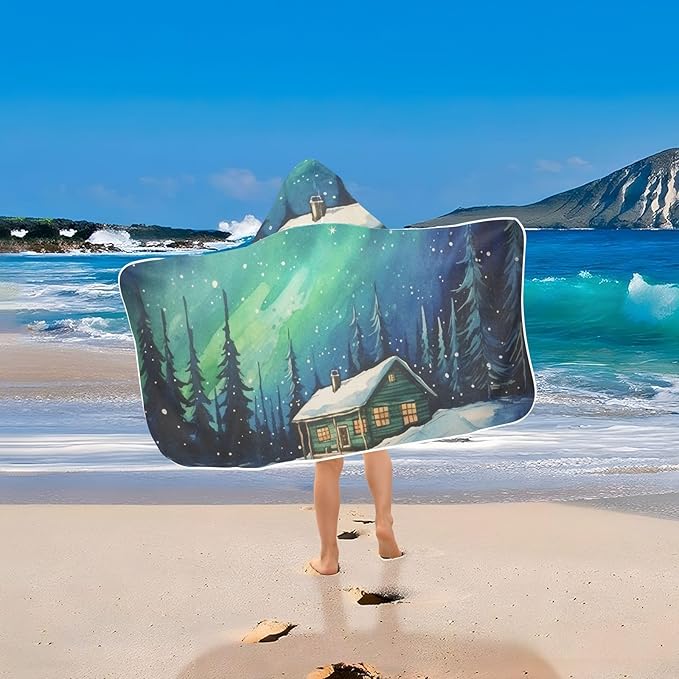 Hooded Towel for Kids Forest Winter House and Aurora Beach Wrap Bath Towels 50x23.5in