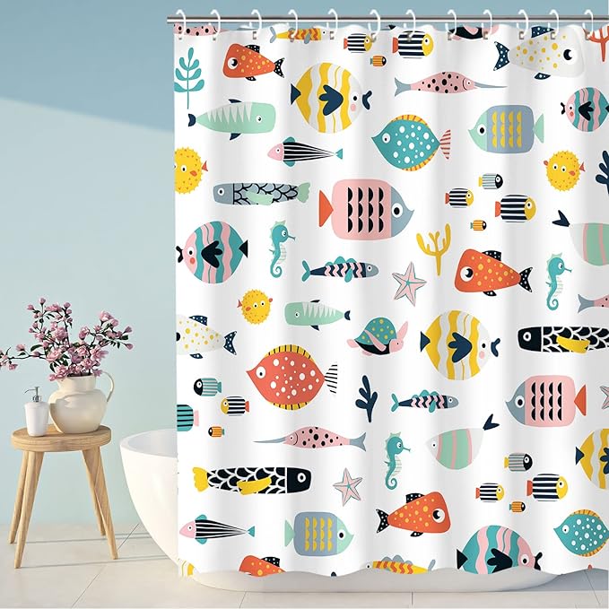 RosieLily Kids Bathroom Shower Curtain, Cartoon Fish with 12 Hooks, Waterproof Colorful Animal Cartoon Fish Bathroom Decor, 72x72 Inch
