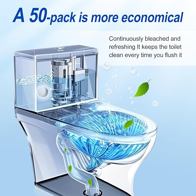 Automatic Toilet Bowl Cleaner Tablets, 50 Pack - Bleach, Descale & Deodorize, Septic-Safe, Continuous Cleaning, Fresh Scent, Drop-In Tank Cleaner effective to use Works with Toilets -white+best-AAA