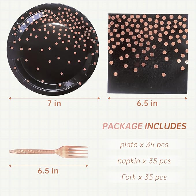 Serve 35 Guests Black and Rose Gold Party Supplies,7 Inch Black and Rose Gold Paper Plates and Napkins for Wedding Birthday,Retirement,Father's Day