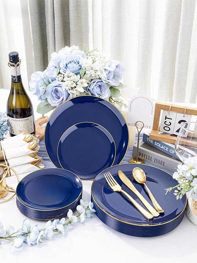 WDF 300PCS Navy Blue Plates Disposable - Blue Plastic Plates 50guest Heavy Duty Plastic Dinnerware Sets for Party/Wedding/Birthday/Graduation