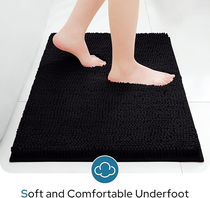 BYSURE Black Bathroom Rugs Sets 3 Piece with Toilet Lid Cover Non Slip Extra Absorbent Plush Chenille Soft Washable Bath Mats