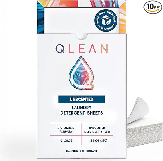 QLEAN Laundry Detergent Sheets Unscented (10 Loads) – Travel Pack Fragrance-Free Plant-Based Biodegradable Sheets, TSA-Friendly, Hypoallergenic for Sensitive Skin & Babies, HE Compatible