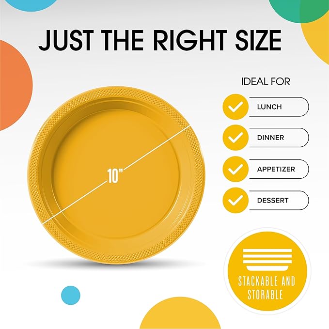 Exquisite Party Solids Yellow Plastic Plates For Party Supplies 10" Yellow Disposable Plates Heavy Duty 50 Pcs Plastic Dinnerware Sets Heavy Duty 350 GSM Disposable Dinnerware Set