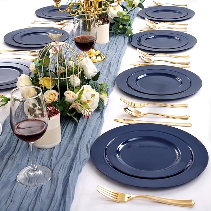 FLOWERCAT 100PCS Blue Plastic Plates - Heavy Duty Blue Disposable Plates for Memorial/Birthday Party/Graducation - Include 50PCS 10.25inch Dinner and 50PCS 7.5inch Dessert/Salad Plates for 50 Guests