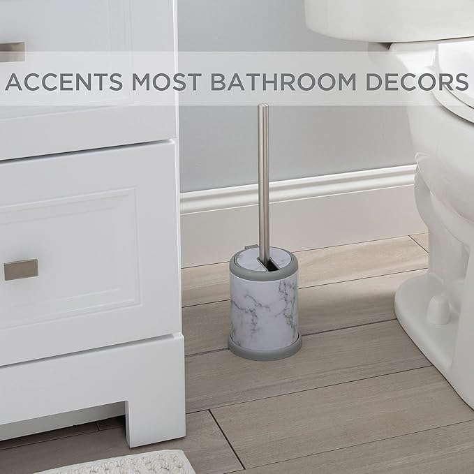 Bath Bliss Toilet Brush and Holder | Self Closing Lid | 360 Degree Brush Head | Bathroom Cleaning | Compact Size | Storage and Organization | Marble