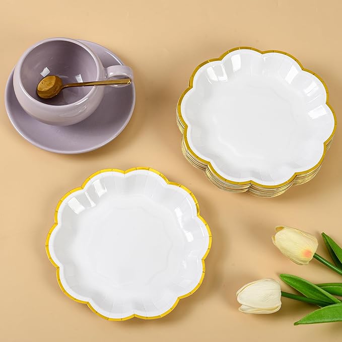 AimFun White Golden Party Plates Gold Foil Dessert Paper Plate 7inch Scalloped Edge Disposable Cake Plates for Tea Party Birthday Bridal Baby Shower Wedding Party Supplies (48, White)