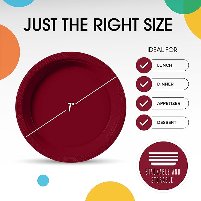 Exquisite Party Solids Burgundy Plastic Plates For Party Supplies 7" Burgundy Disposable Plates Heavy Duty 50 Pcs Plastic Dinnerware Sets Heavy Duty 350 GSM Disposable Dinnerware Set