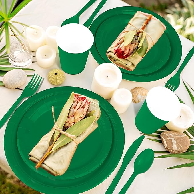 228PCS Green Party Supplies Set Include Paper Plates Cups Paper Napkins Plastic Spoons Forks Knives for 30 Guests Disposable Party Dinnerware for Birthday Wedding Family Picnic