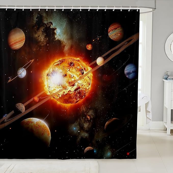 Solar System Bath Curtain Outer Space Shower Curtain for Kids Universe Planets Bathroom Shower Curtain Set Waterproof Decor Cosmos Orange Blue Kids Bathroom Accessories 72"x78"