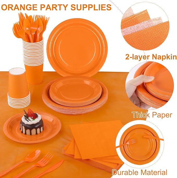 Kochorie 169 Pieces Orange Party Supplies Disposable Dinnerware Set Include Plates and Cups Napkins Plastic Forks Knives Spoons Tablecloth for Wedding Birthday Party Decorations, Serve 24 Guests
