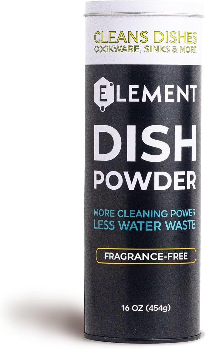 ELEMENT Dish Powder | Pre-Filled Refillable Shaker with Grease-Fighting Dish Soap | Liquidless, Plastic-Free | No Harsh Chemicals (16 OZ in Refillable Shaker, Fragrance-Free)