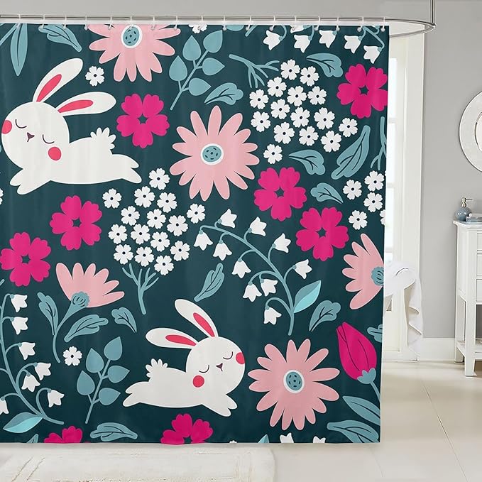Cute Rabbit Shower Curtain with Hooks Cartoon Bunny Print Fabric Bathroom Shower Curtain Boys Girls Lovely Little Floral Rabbit Decor Waterproof Shower Curtains Botanical Animal Curtain,72x72 Inches