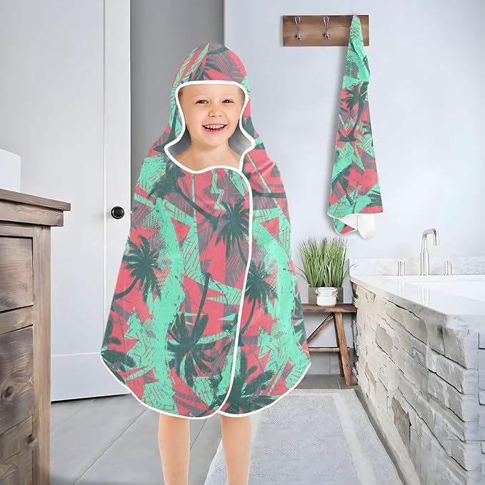 susiyo Kids Hooded Bath Towel Palms Grunge Beach Towel for Kids 23.5 x 50 Inch Microfiber Soft Absorbent Quick Dry Bath Swim Pool Towel Wrap Poncho Bathrobe with Hood for Kids Toddler