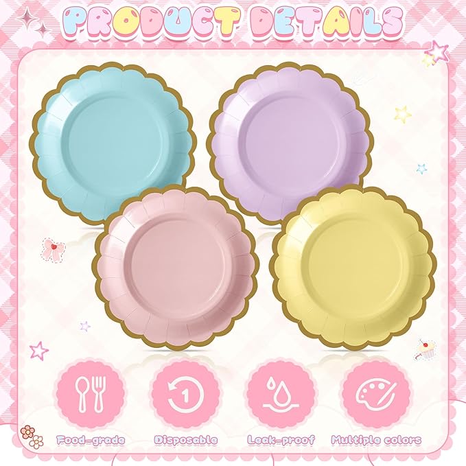 48 Pcs Pastel Paper Plates 7 Inch Easter Scalloped Disposable Dessert Plate for Coquette Bridal Pink Bow Wedding Birthday Baby Shower Party Supplies