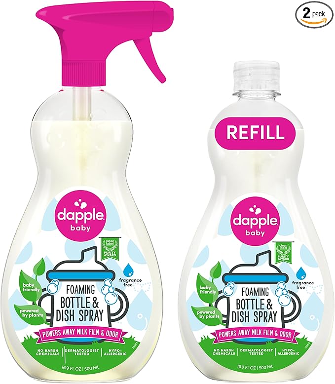 Dapple Baby Fragrance-Free Foaming Bottle & Dish Spray - (2 Pack) 16.9 fl oz - Plant-Powered Cleaner for Baby Bottles, Pump Parts, and Sippy Cups - Includes 1 Pump