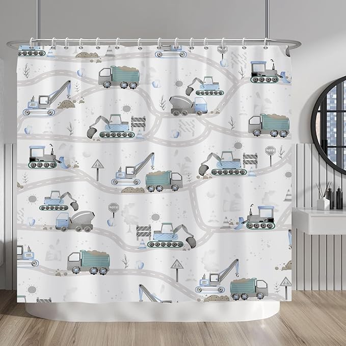 Excavator Kids Shower Curtain Sets Cartoon Construction Truck Tractor Car Bathroom Decor Fabric Polyester Waterproof 84x72 Inches with 14 Hooks for Boys Machinery Vehicle Bath Curtains