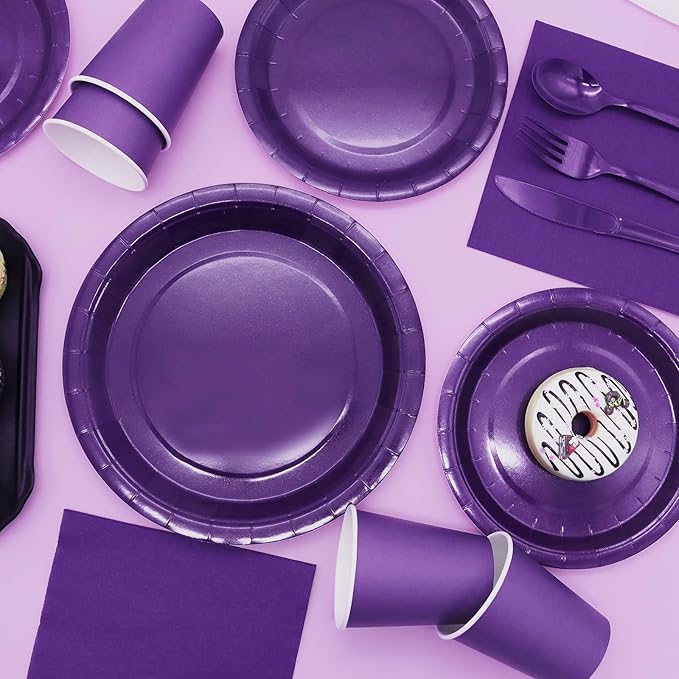 Purple Paper Plates Party Supplies,350pcs Purple Plates and Cups and Napkins Set for Mardi Gras Birthday Decorations for Women Srve 50