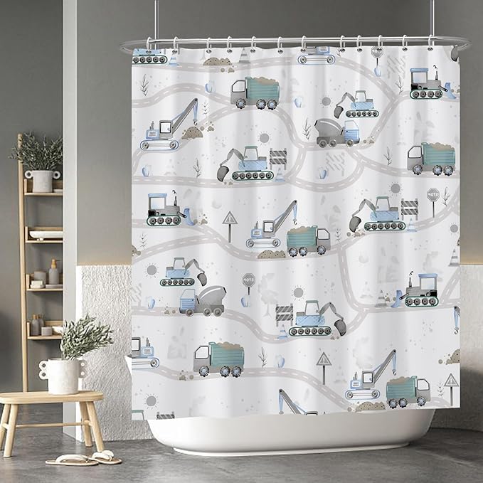 Excavator Kids Shower Curtain Sets Cartoon Construction Truck Tractor Car Bathroom Decor Fabric Polyester Waterproof 72x78 Inches with 12 Hooks for Boys Machinery Vehicle Bath Curtains