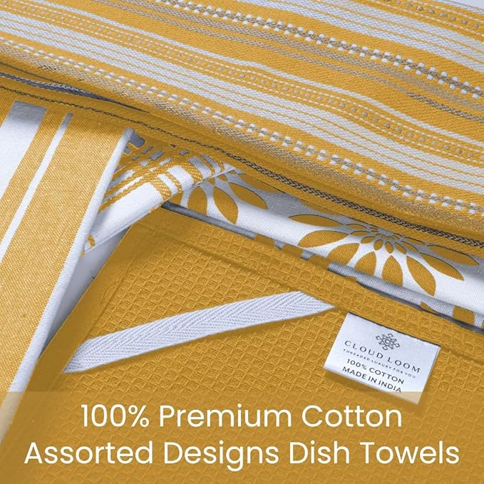 Assorted Kitchen Towels 16x26 inch 100% Cotton Set of 5 - Soft Absorbent Washable Tea Towel for Kitchen - Dish Cloths Towel with Hanging Loop - Quick Drying Dish Towels Mustard Yellow