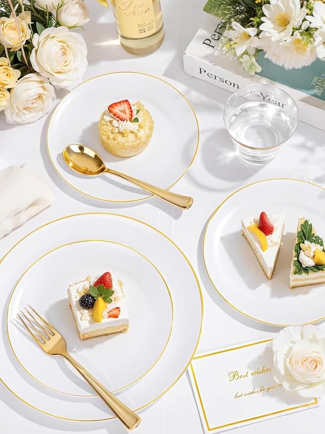 WDF 300Pcs White and Gold Plastic Plates - Gold Plates Disposable - 50 Guest Disposable Dinnerware Include 50 Dinner Plate 50 Dessert Plate 50 Cutlery 50 9oz Cups for Wedding/Birthday/Party