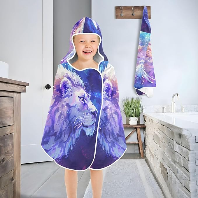 Hooded Towel for Kids Comic Style Purple Lion Beach Wrap Bath Towels 50x23.5in