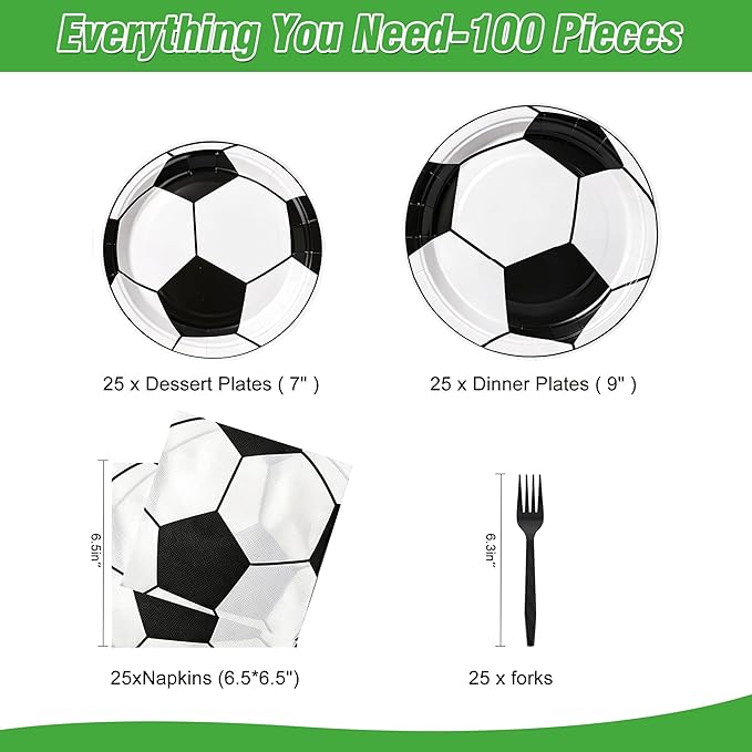 100 Pcs Soccer Party Supplies for 25 Guests, Heavy-Duty 7" & 9" Paper Plates, 2-Ply 13" Napkins & Plastic Forks, Disposable Soccer Themed Tableware Set for Game Day and Birthday