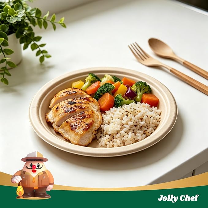 JOLLY CHEF Compostable Heavy Duty Plates 𝟭𝟬 𝗜𝗻𝗰𝗵 [𝟱𝟬𝟬 𝗣𝗮𝗰𝗸] Eco-Friendly Disposable Paper Plates Natural Bagasse Biodegradable Sugarcane Bulk for Party Hot Cold Dinner Christmas (Brown)