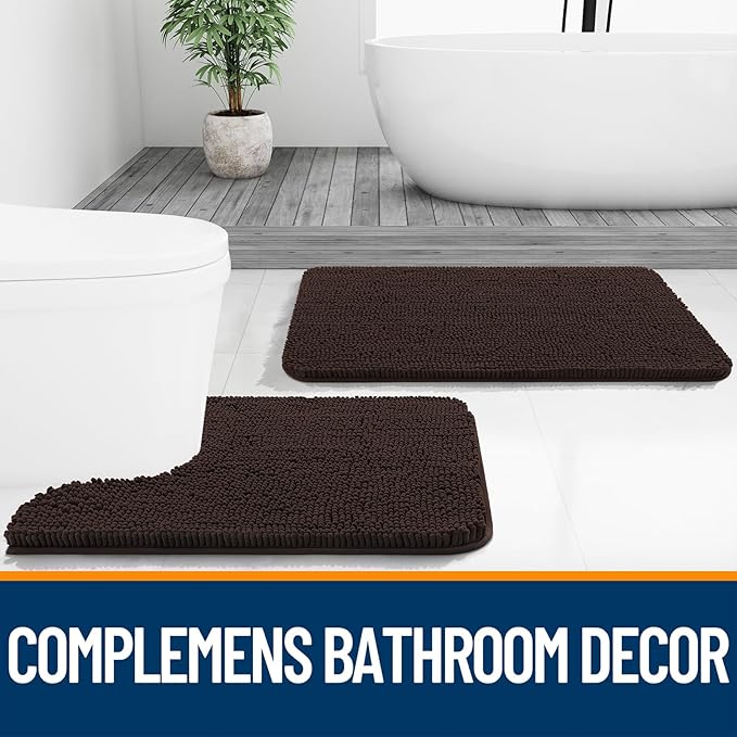 OLANLY Toilet Rugs U-Shaped 24x20, Extra Soft Absorbent Chenille Contour Bathroom Rugs for Toilet, Dry Quickly, Machine Washable, Non-Slip Bath Mat, Brown