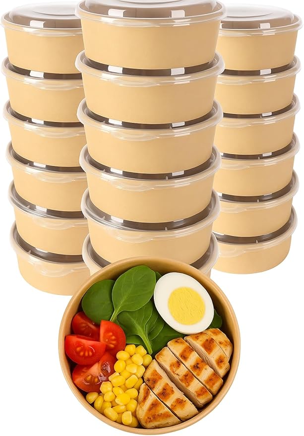 Ruthy's Outlet Kraft Salad Bowls W/Clear Lids – Disposable Paper Salad Containers, Eco-Friendly | Leak-Resistant | Microwave Safe – Ideal for Meal Prep, To-Go Orders & Catering (50, 20 oz)