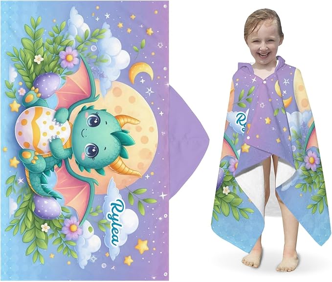 Green Flying Dragon Personalized Hooded Towel Absorbent Wrap Soft Pool Beach Bath Towels Hood Poncho for 5-12 Years Kids Boys Girls