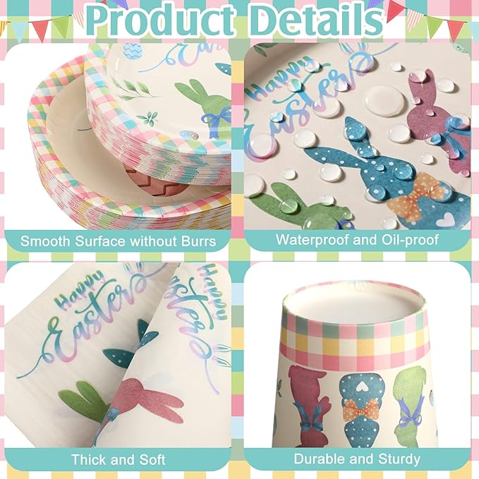 Havawish 350 Pcs Easter Bunny Party Supplies Happy Easter Disposable Tableware Set Pastel Buffalo Plaids Bunny Eggs Oval Paper Plates Cups Napkins Fork Knife Spoon for Spring Party Table Decorations