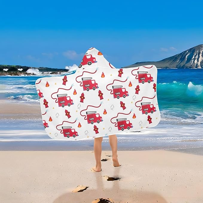 susiyo Kids Hooded Bath Towel Fire Truck Beach Towel for Kids 23.5 x 50 Inch Microfiber Soft Absorbent Quick Dry Bath Swim Pool Towel Wrap Poncho Bathrobe with Hood for Kids Toddler