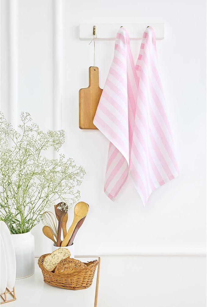 Solino Home Pink and White Linen Kitchen Towels Set of 2-100% Pure Linen 17 x 26 Inch Sorrento Stripe Tea Towels with Hanging Loop - European Flax Kitchen Dish Cloth - Quick Dry & Machine Washable