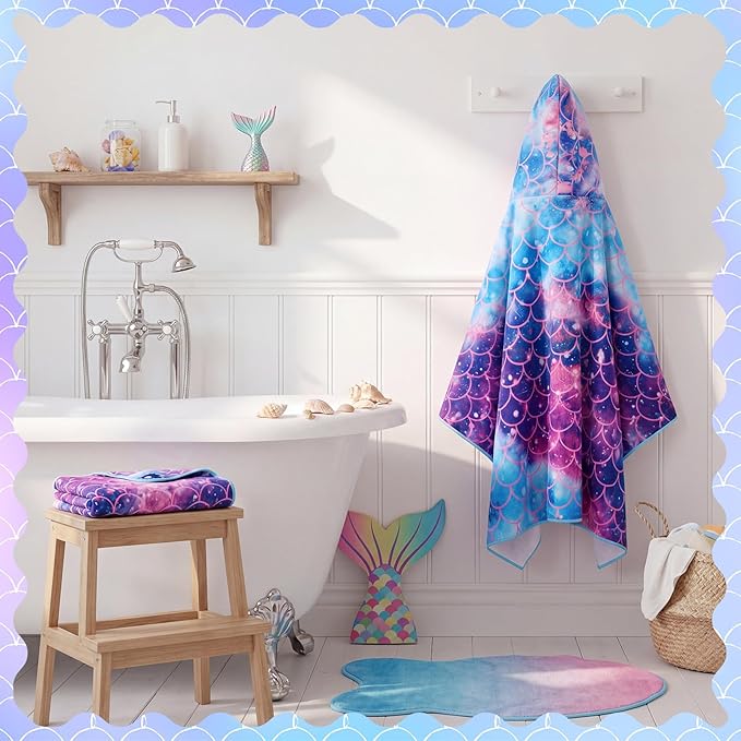 Fanfanwin Hooded Bath Towel for Girls Cotton Mermaid Bath Hooded Poncho 37.8x23.62 Inches Mermaid Poncho with Snap Buttons Hood Soft Rapid Dry for Home Swim Travel Beach Pool Under The Sea Party Gifts