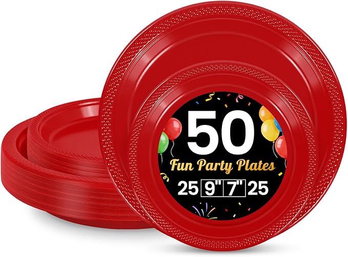 LANLISA 50 Pcs Red Plastic Plates For Party, 25-9" & 25-7" Disposable Cake Dessert Plates For Birthday, Valentines, Graduation, Mothers Day, 4th of July, Christmas Dinner