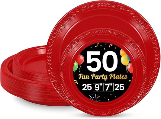 LANLISA 50 Pcs Red Plastic Plates For Party, 25-9" & 25-7" Disposable Cake Dessert Plates For Birthday, Valentines, Graduation, Mothers Day, 4th of July, Christmas Dinner