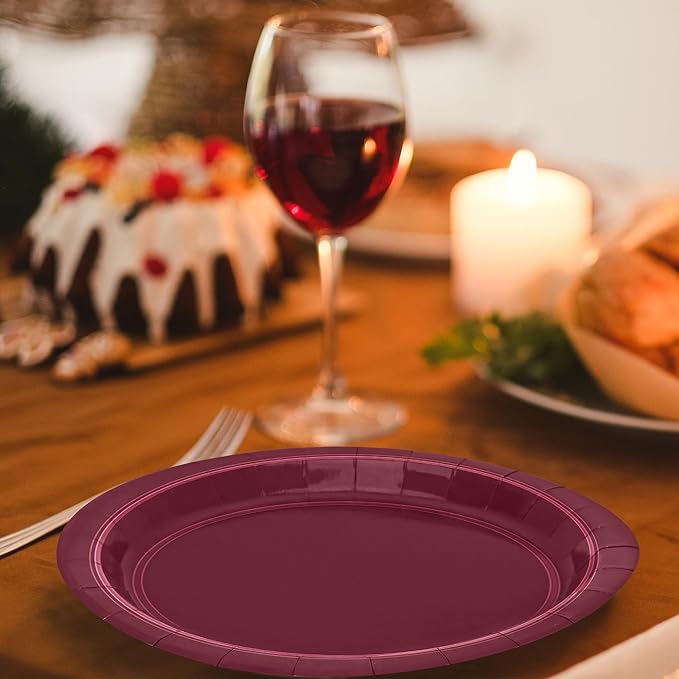 QZYL 50 PCS Paper Plates, Burgundy Heavy Duty Party Plates, Round 9 Inches Disposable Paper Tableware, Everyday Use Plates Set for Daily Meals Wedding Christmas Picnic Supplies