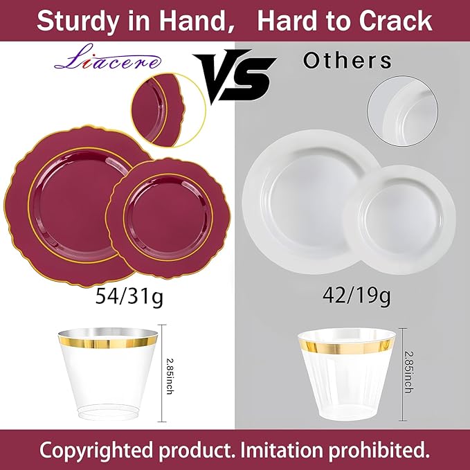 Liacere 350PCS Red Plastic Plates-Disposable Burgundy Red and Gold Plates 50guest Baroque Plastic Dinnerware include 100Plates, 50Pack Pre Rolled Napkins with Silverware 50Cups for Wedding&Mothers Day