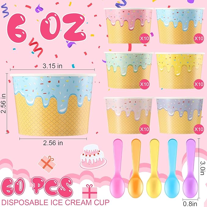Jingmore 60 Set Paper Ice Cream Cups Bulk with Spoons 6 oz Disposable Sundae Bowls Colorful Paper Dessert Cups Containers for Snack Yogurt Soup Summer Bar Party Supplies