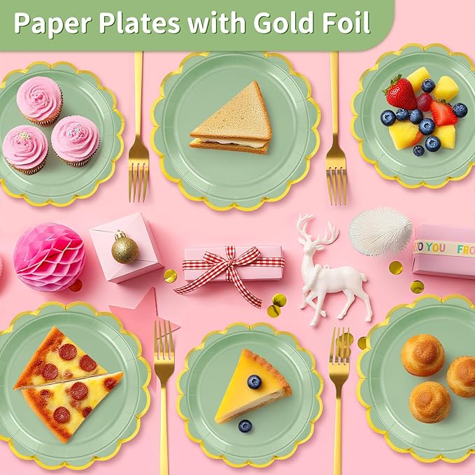 50 Pcs Sage Green Paper Plates, 25 Pcs 9" and 25 Pcs 7" Disposable Sage Green Scalloped Plates with Gold Foil for Graduation Wedding Baby Shower Birthday Party Picnic BBQ