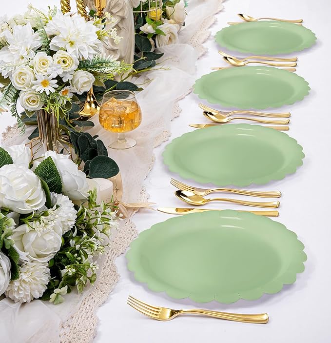 HEIPINIUYE 25 Pieces Sage Green Paper Plates 9 Inch Sage Scalloped Plates Disposable Dinner Plate for Wedding Baby Shower Birthday Party Dessert Plate