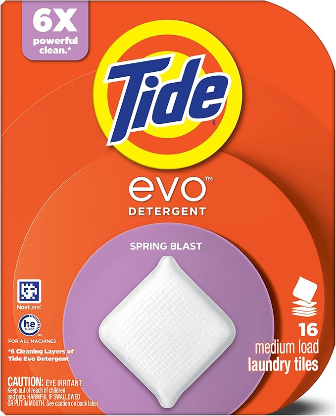 Tide evo Spring Blast Scent Laundry Detergent Fiber Tiles Works on 100% of Common Stains Safe for All Machines and Water Conditions Concentrated HE Compatible Clean and Instant Dissolve, 16 Count